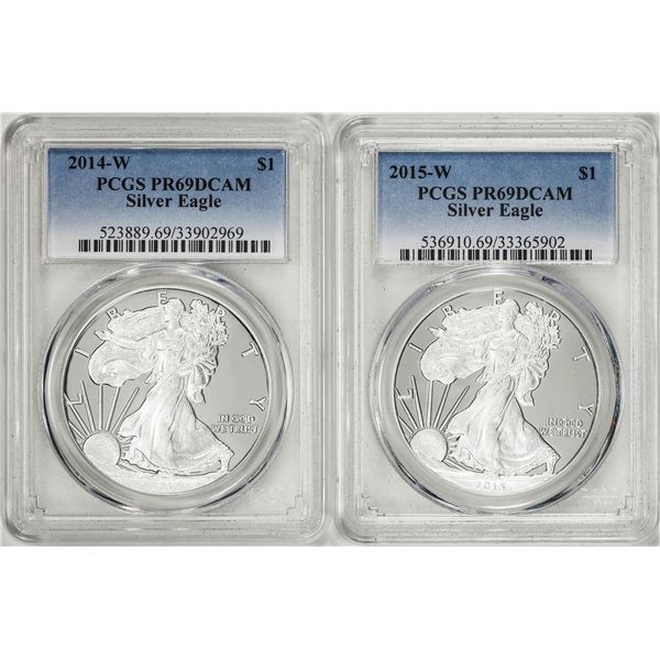 Lot of 2014-W & 2015-W $1 Proof American Silver Eagle Coins PCGS PR69DCAM
