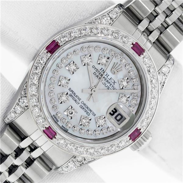 Rolex Ladies Stainless Steel Quickset MOP Diamond & Ruby Datejust Wristwatch