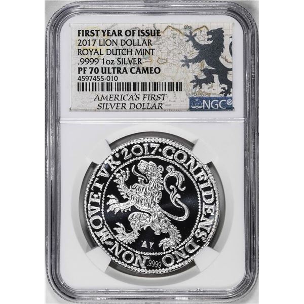 2017 Netherlands Proof Lion Dollar Restrike Silver Coin NGC PF70 Ultra Cameo FYOI