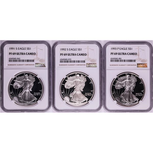 Lot of 1991-1993 $1 Proof American Silver Eagle Coins NGC PF69 Ultra Cameo
