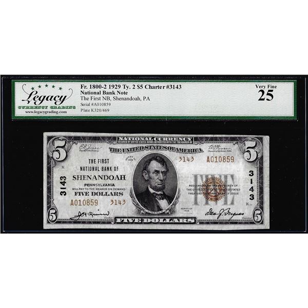 1929 $5 NB Shenandoah, PA CH# 1946 National Currency Note Legacy Very Fine 35