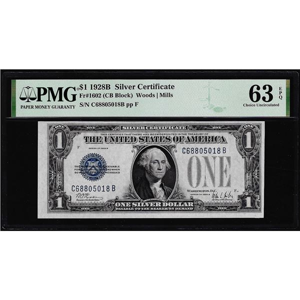 1928B $1 Funnyback Silver Certificate Note Fr.1602 PMG Choice Uncirculated 63EPQ