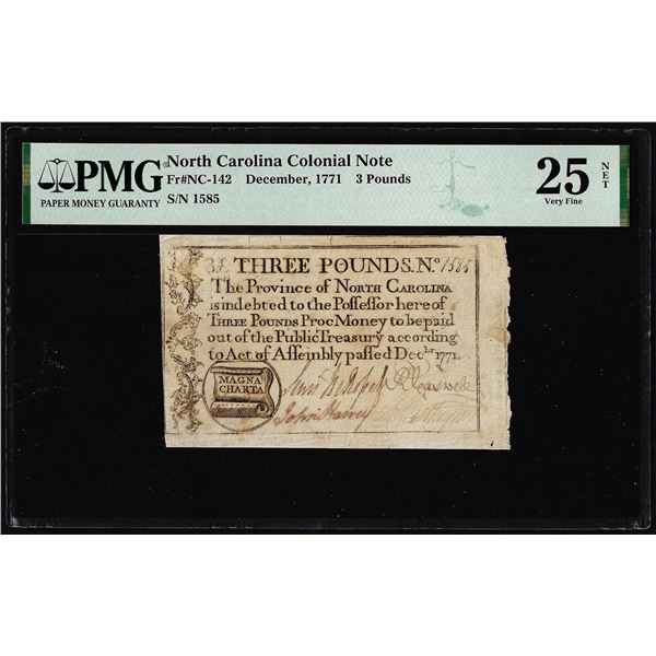 1771 North Carolina 3 Pounds Colonial Note NC-142 PMG Very Fine 25 Net Magna Charta
