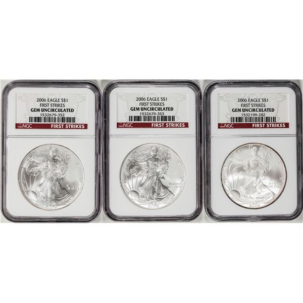 Lot of (3) 2006 $1 American Silver Eagle Coins NGC Gem Uncirculated First Strikes