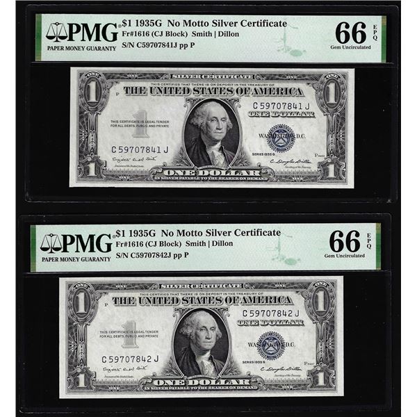 (2) Consecutive 1935G No Motto $1 Silver Certificate Notes PMG Gem Uncirculated 66EPQ