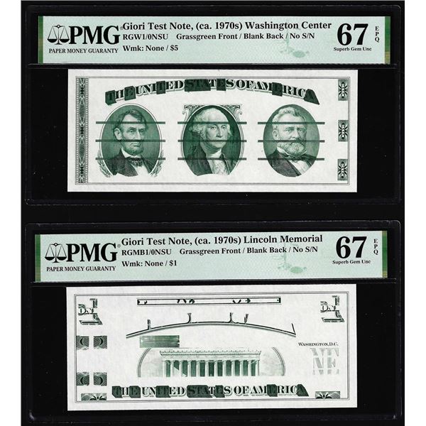 Set of Giori Test Note Washington & Lincoln Memorial PMG Superb Gem Unc 67EPQ