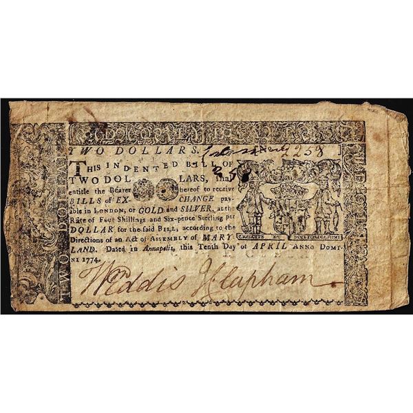 April 10, 1774 Maryland $2 Colonial Currency Note