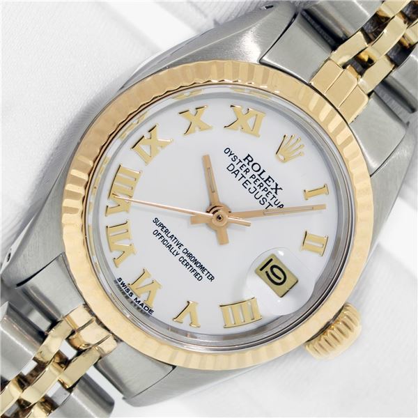 Rolex Ladies Two Tone White Roman Datejust Wristwatch