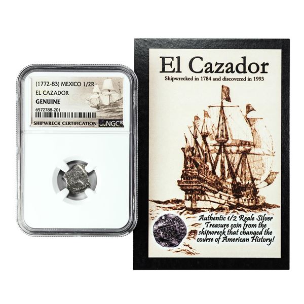 El Cazador Shipwreck (1772-83) Mexico 1/2 Real Silver Coin NGC Genuine w/ Story Card