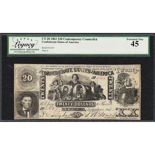 1861 $20 Confederate States of America Note Cont. Counterfeit Legacy Extremely Fine 45