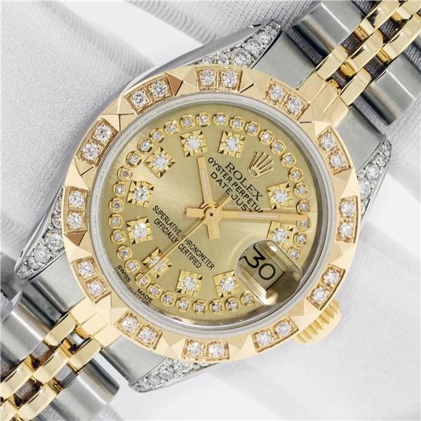 Rolex Ladies Two Tone Champagne Diamond Pyramid Datejust Wristwatch