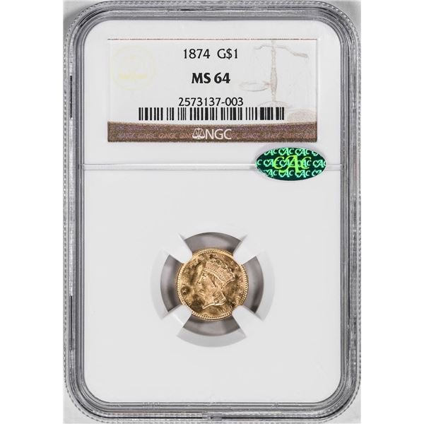 1874 $1 Indian Princess Head Gold Dollar Coin NGC MS64 CAC