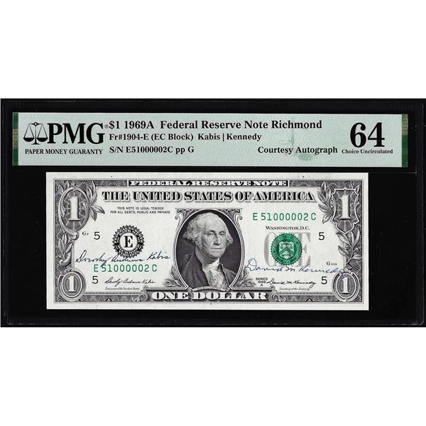 1969A $1 Federal Reserve Note PMG Choice Uncirculated 64 Dual Courtesy Autograph
