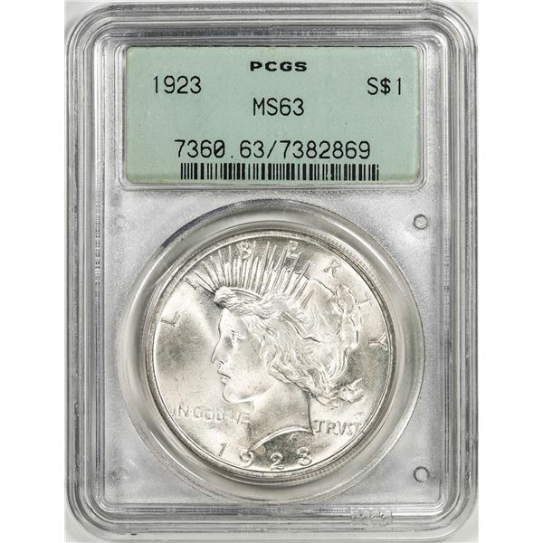 1923 $1 Peace Silver Dollar Coin PCGS MS63 Old Generation 2.1 Holder