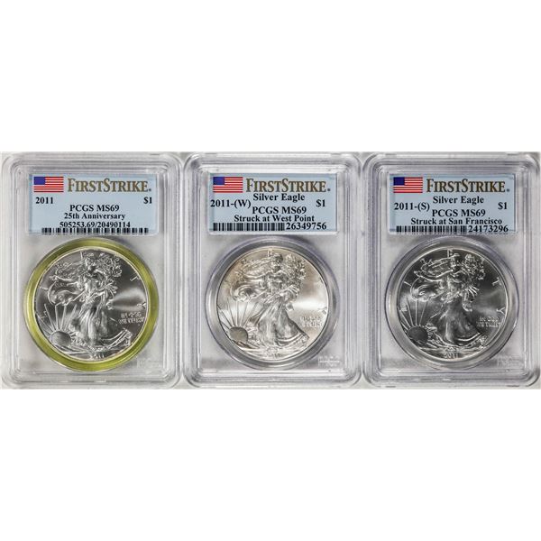 Lot of 2011-P/S/W $1 American Silver Eagle Coins PCGS MS69 First Strike