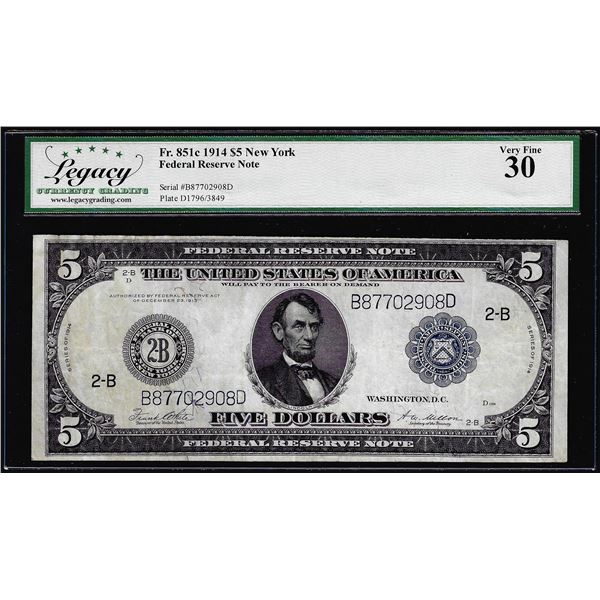 1914 $5 Federal Reserve Note Fr.851c Legacy Very Fine 30