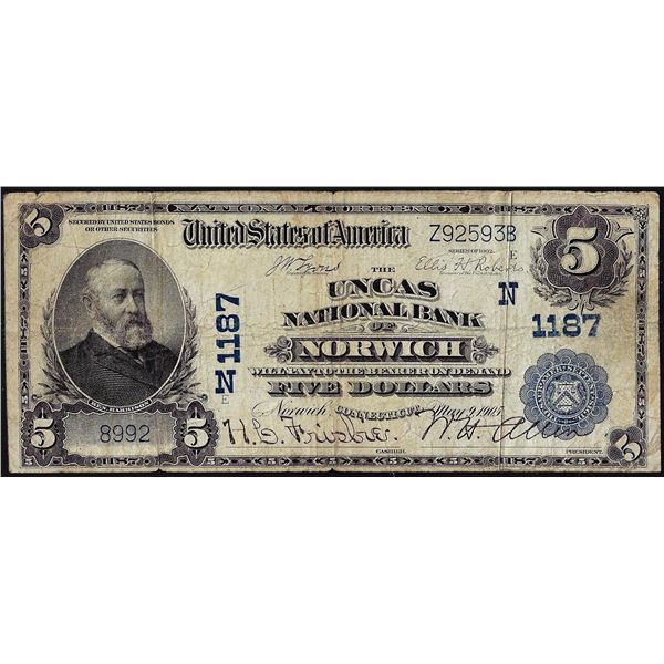 1902PB $5 The Uncas National Bank Norwich, CT CH# 11187 National Currency Note