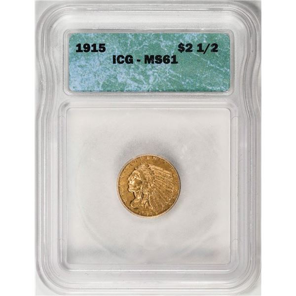 1915 $2 1/2 Indian Head Quarter Eagle Gold Coin ICG MS61