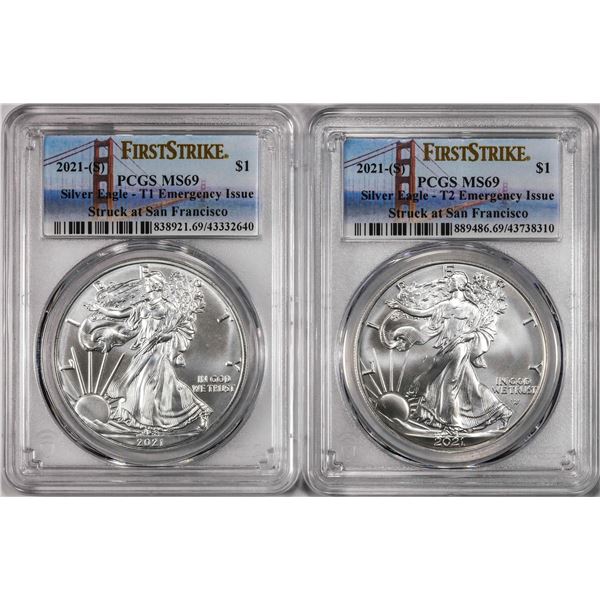 2021-(S) Type 1 & Type 2 $1 American Silver Eagle Coins PCGS MS69 First Strike