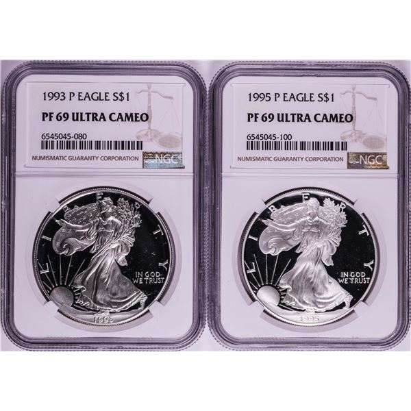 Lot of 1993-P & 1995-P $1 Proof American Silver Eagle Coins NGC PF69 Ultra Cameo