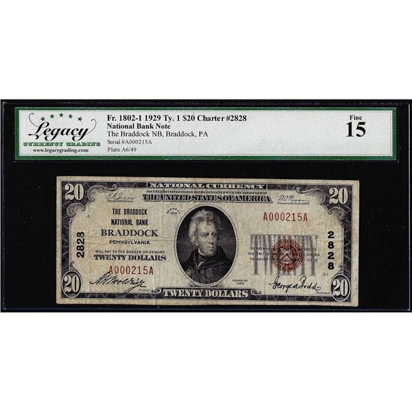1929 $20 National Bank Braddock, PA CH# 2828 National Currency Note Legacy Fine 15