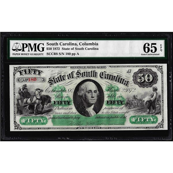 1872 $50 State of South Carolina Obsolete Note PMG Gem Uncirculated 65EPQ