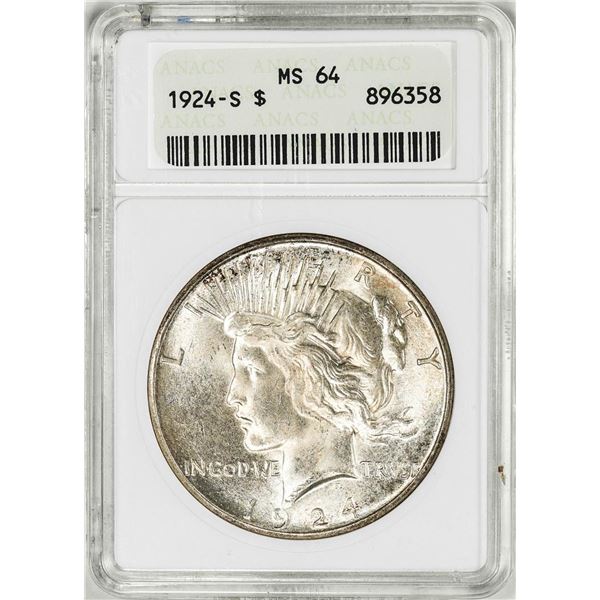 1924-S $1 Peace Silver Dollar Coin ANACS MS64 Old Soap Box
