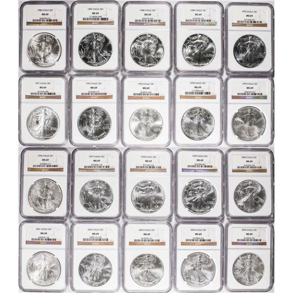 Lot of 1986-2005 $1 American Silver Eagle Coin Set NGC MS69