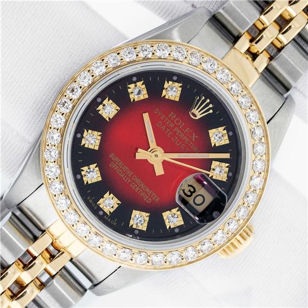 Rolex Ladies Two Tone Red Vignette Diamond Datejust Wristwatch