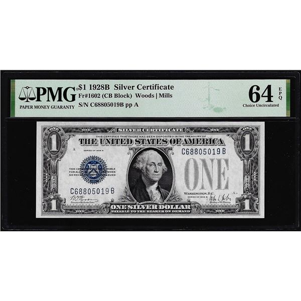 1928B $1 Funnyback Silver Certificate Note Fr.1602 PMG Choice Uncirculated 64EPQ