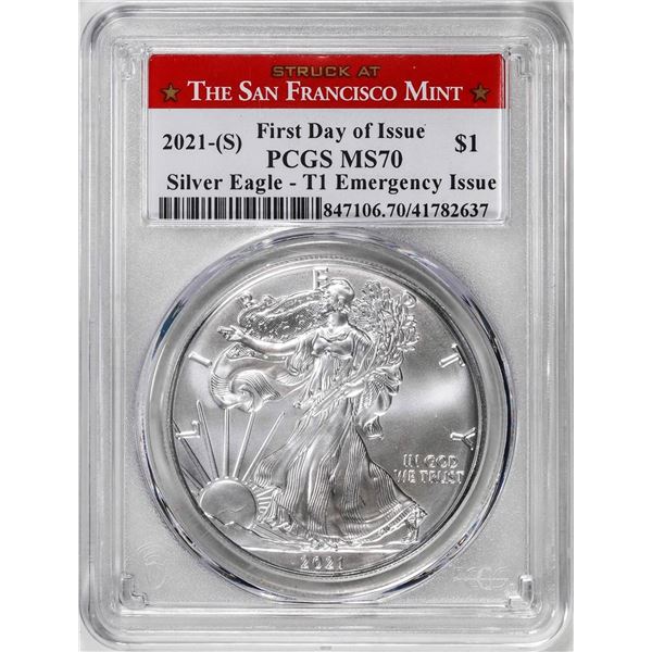 2021-(S) Type 1 $1 American Silver Eagle Coin PCGS MS70 First Day of Issue Emergency