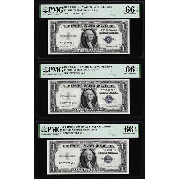 (3) Consecutive 1935G No Motto $1 Silver Certificate Notes PMG Gem Uncirculated 66EPQ