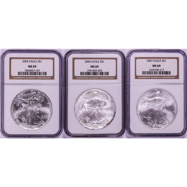 Lot of 2005-2007 $1 American Silver Eagle Coins NGC MS69