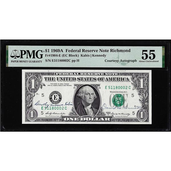 1969A $1 Federal Reserve Note PMG About Uncirculated 55 Dual Courtesy Autograph