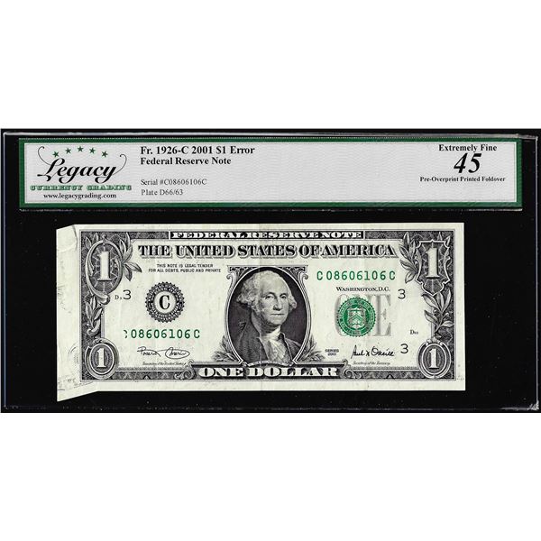 2001 $1 Federal Reserve Note Printed Fold over Error Legacy Extremely Fine 45