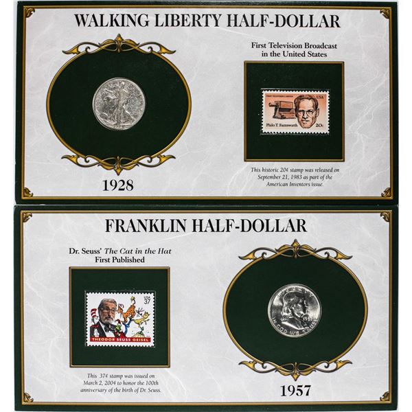 Lot of 1928-S Walking Liberty & 1957 Franklin Half Dollar Coins and Stamp Panels