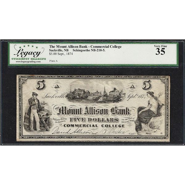 1874 $5 The Mount Allison Bank Commercial College Sackville, NB Note Legacy Very Fine 35