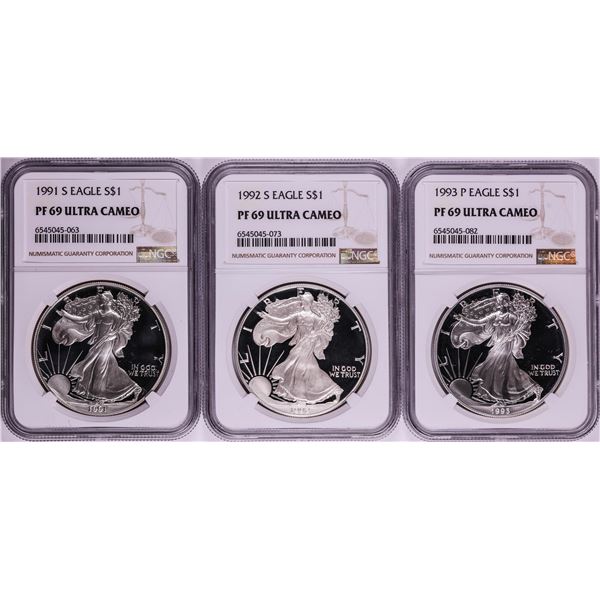Lot of 1991-1993 $1 Proof American Silver Eagle Coins NGC PF69 Ultra Cameo