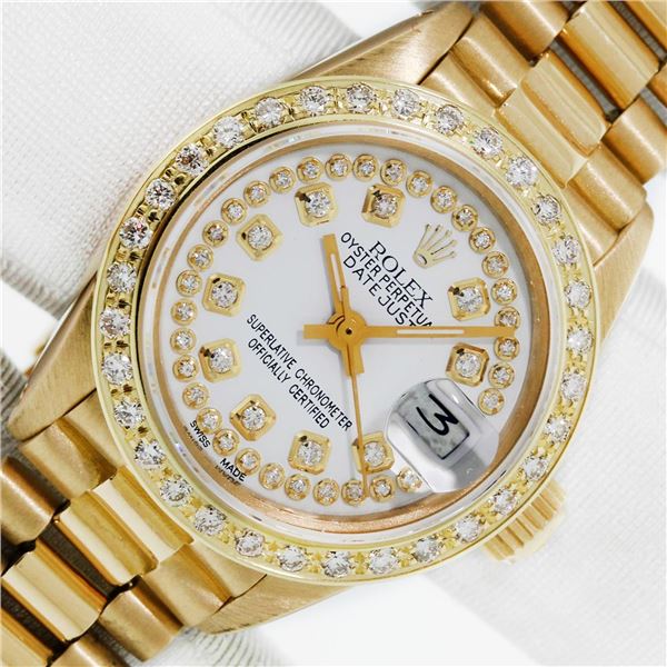 Rolex Ladies 18KT Yellow Gold White Diamond President Wristwatch