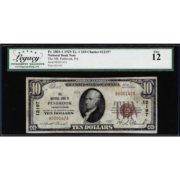 1929 $10 NB Penbrook, PA CH# 12197 Fr.1801-1 National Currency Note Legacy Fine 12