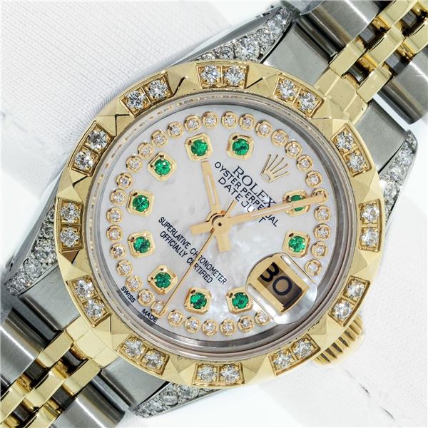 Rolex Ladies Two Tone Diamond and Emerald Datejust Wristwatch