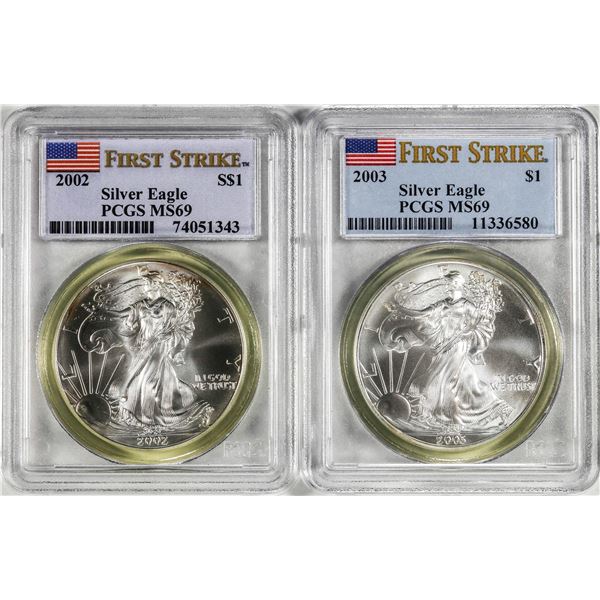 Lot of 2002 & 2003 $1 American Silver Eagle Coins PCGS MS69 First Strike