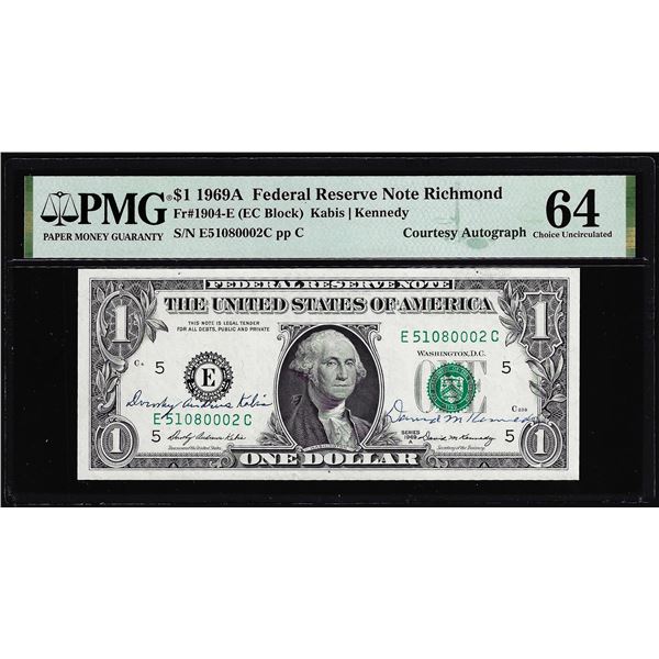 1969A $1 Federal Reserve Note PMG Choice Uncirculated 64 Dual Courtesy Autograph