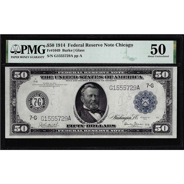 1914 $50 Federal Reserve Note Chicago Fr.1049 PMG About Uncirculated 50