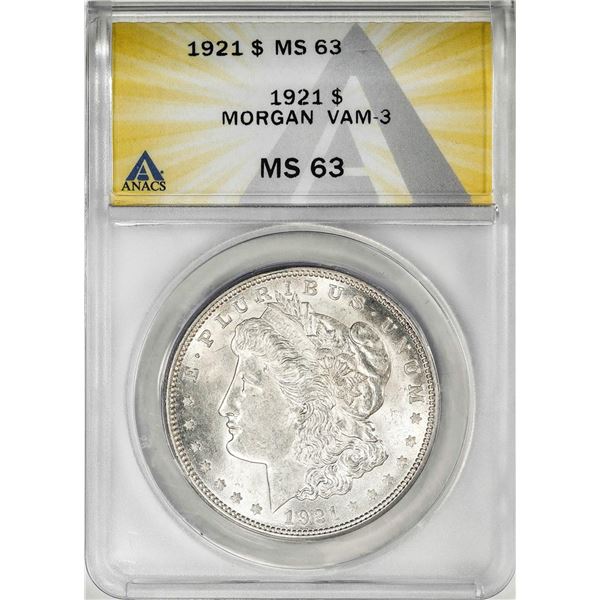 1921 VAM-3 $1 Morgan Silver Dollar Coin ANACS MS63