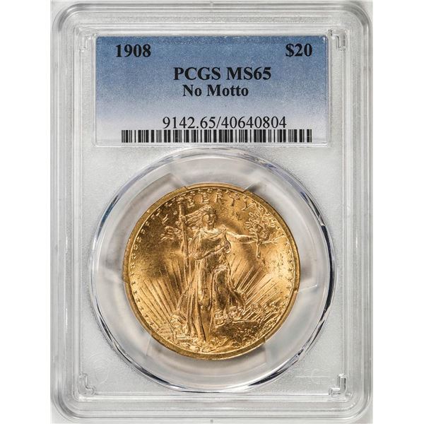 1908 No Motto $20 St. Gaudens Double Eagle Gold Coin PCGS MS65