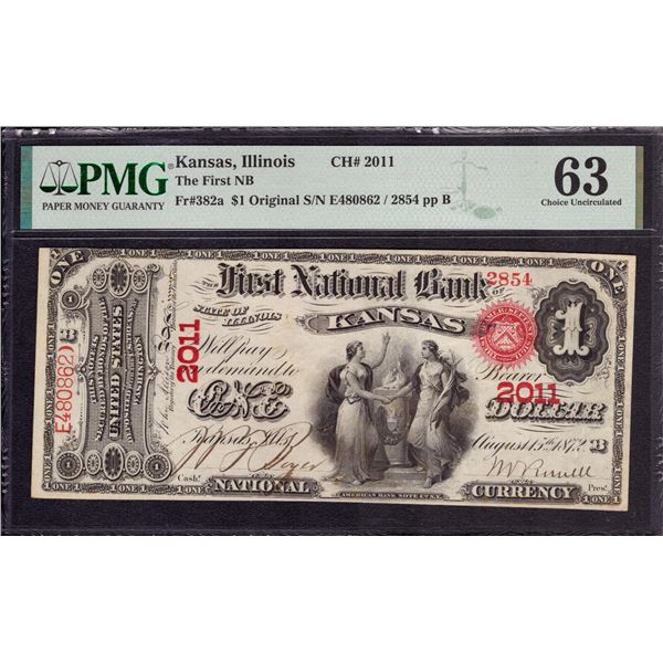 Original $1 The First National Bank Kansas, IL CH# 2854 Note PMG Ch. Uncirculated 63