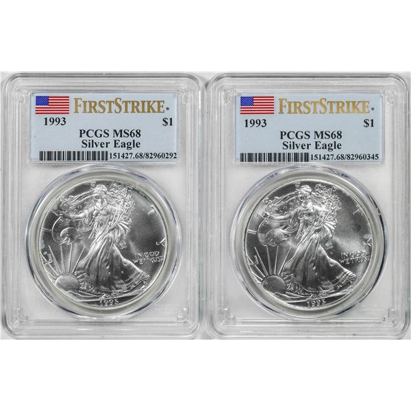 Lot of (2) 1993 $1 American Silver Eagle Coin PCGS MS68 First Strikes