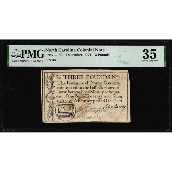 1771 North Carolina 3 Pounds Colonial Note NC-142 PMG Choice Very Fine 35 Magna Charta