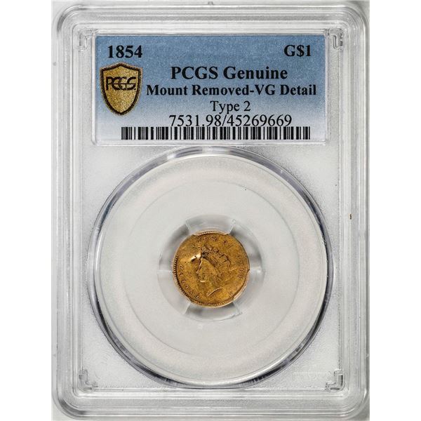 1854 Type 2 $1 Indian Princess Head Gold Coin PCGS VG Details